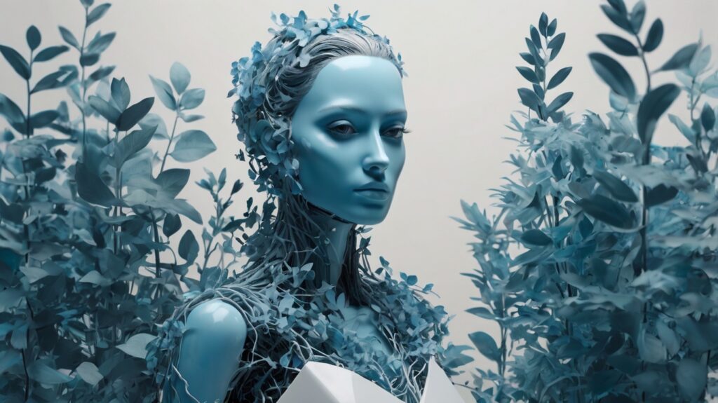 A futuristic art piece featuring a humanoid face integrated with delicate vines and blue leaves, symbolizing the connection between technology and nature.