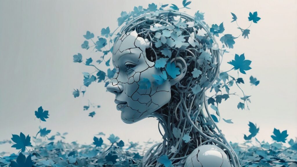 A futuristic art piece featuring a humanoid face integrated with delicate vines and blue leaves, symbolizing the connection between technology and nature.
